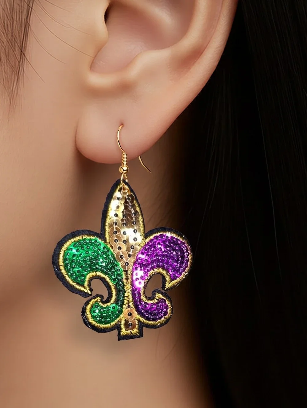 Sequin Fleur-de-Lis Earrings Mardi Gras Carnival Embroidered Dangle Jewelry New